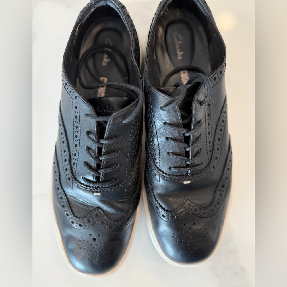 Clarks Black Leather Platform Oxford Brogue Shoes Women’s 9 - Picture 6 of 8